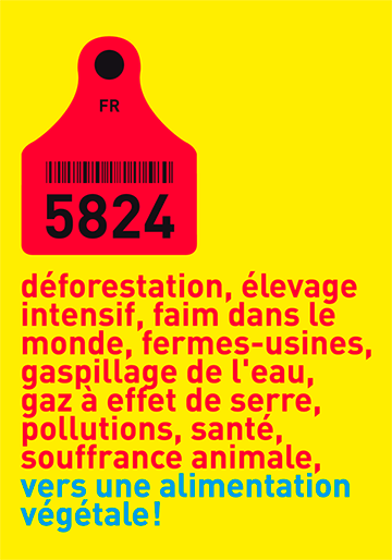 recto de la carte pétition, pictogramme d'une étiquette d'oreille de bovin représentant les élevages intensifs.