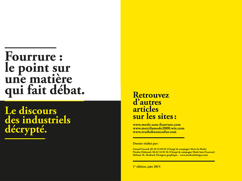 Couverture et 4<sup>e</sup> de couverture du dossier de presse sur le discours des industriels de la fourrure