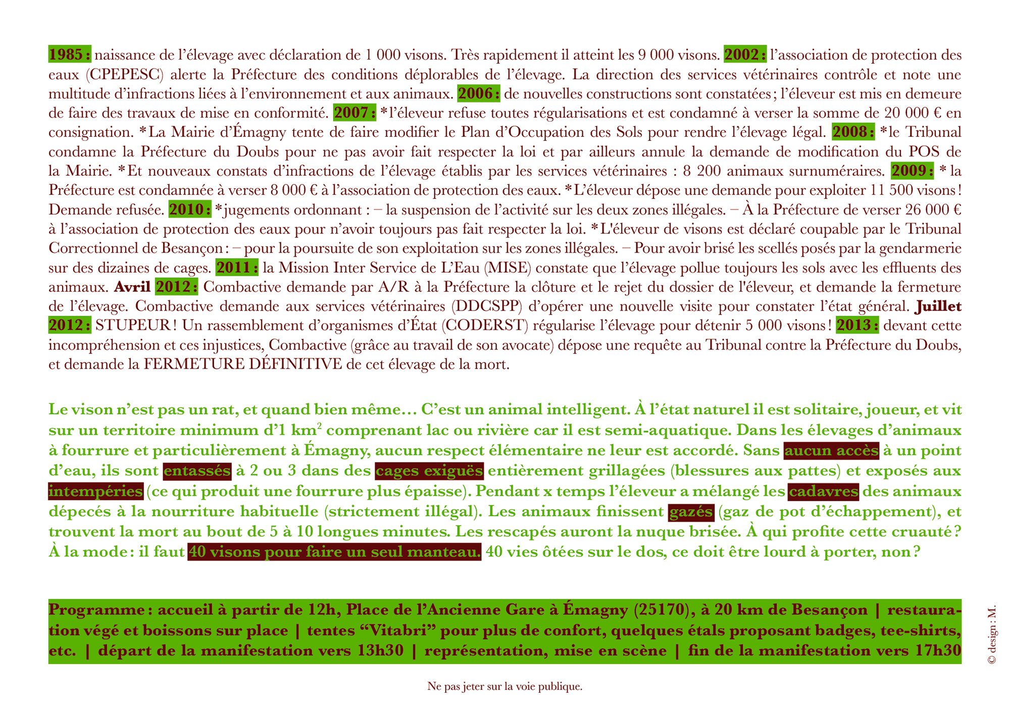 verso du flyer, présentation de la problématique de l'élevage intensif d'Émagny et chronologie des faits.